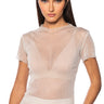 Front View Estelle Mock Neck Lettuce Hem Mesh Top