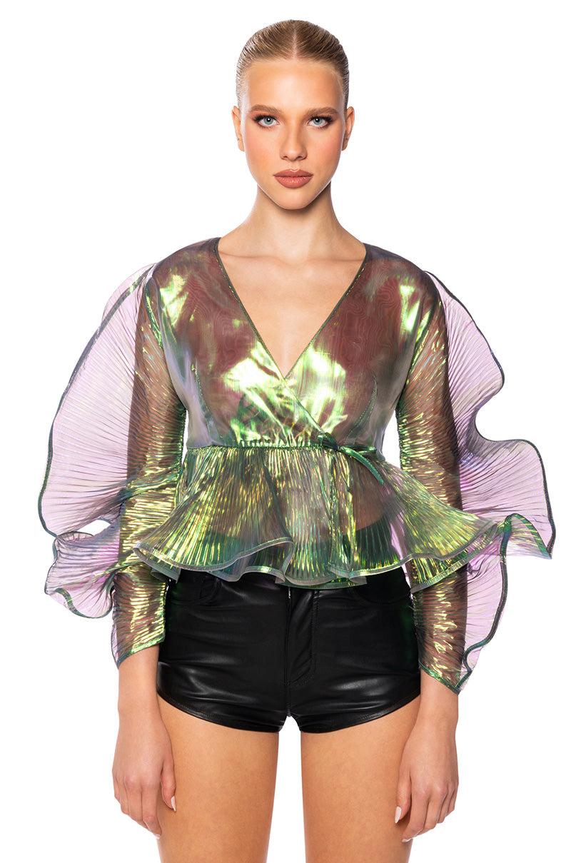 Front View Ethereal Pleated Peplum Wrap Blouse In Black Multi