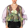 Front View Ethereal Pleated Peplum Wrap Blouse In Black Multi