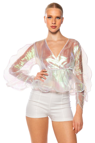 ETHEREAL PLEATED PEPLUM WRAP BLOUSE – AKIRA