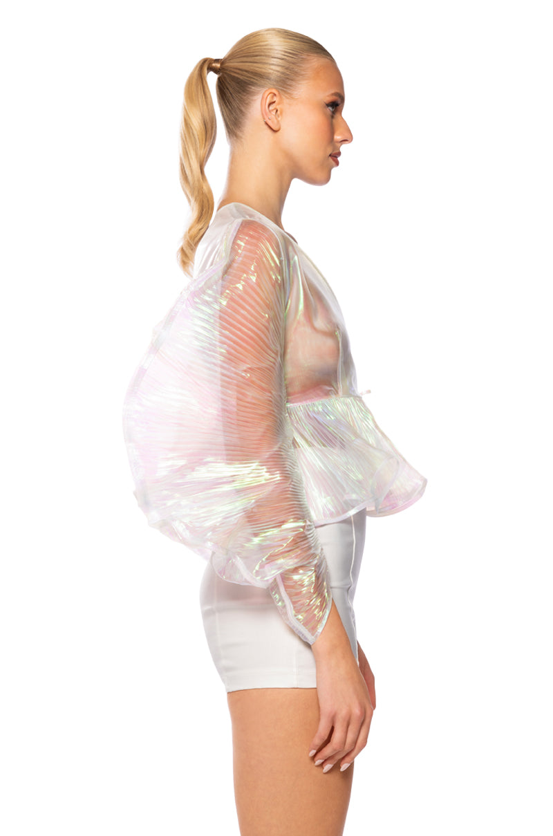 Detail View Ethereal Pleated Peplum Wrap Blouse In White Multi