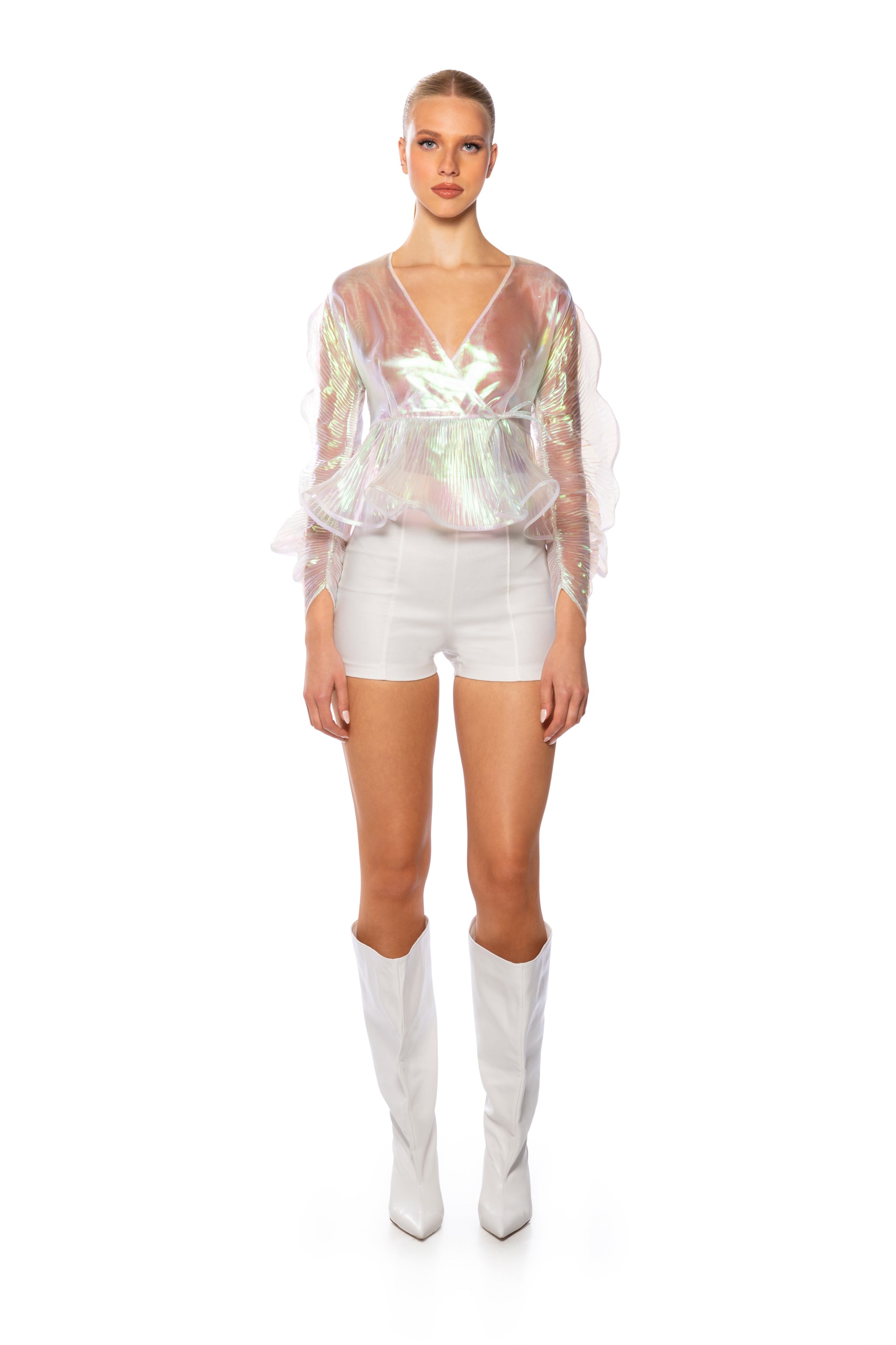 Extra View Ethereal Pleated Peplum Wrap Blouse In White Multi