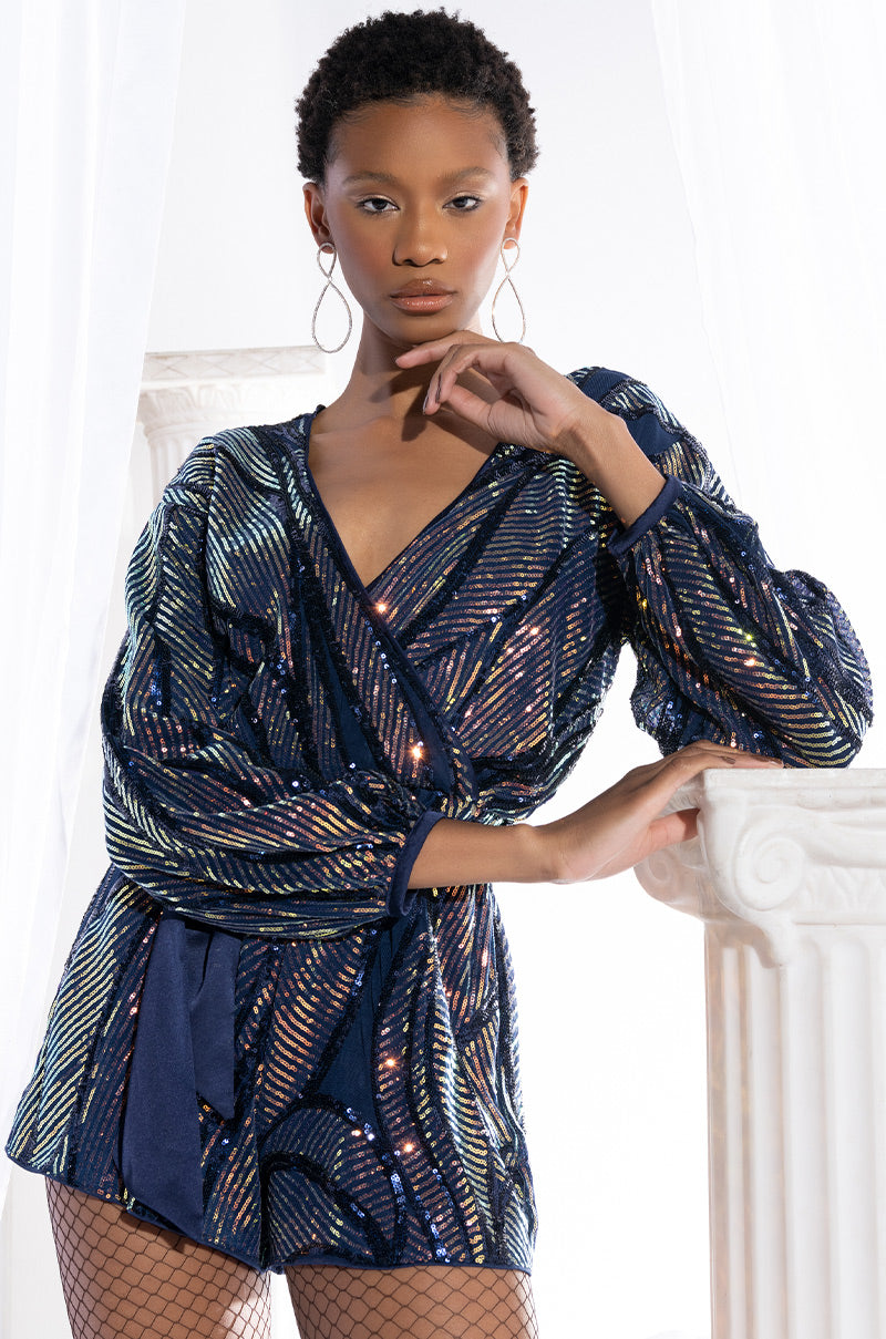 Front View Ethereal Sequin Long Sleeve Romper