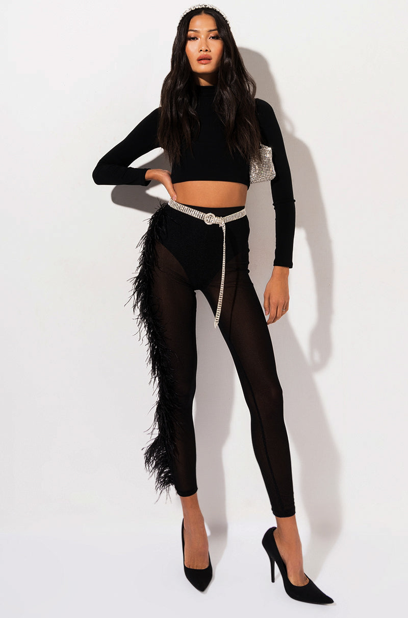 Front View Europe Tour High Waisted Mesh Feather Pants in Black 0