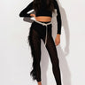 Front View Europe Tour High Waisted Mesh Feather Pants in Black