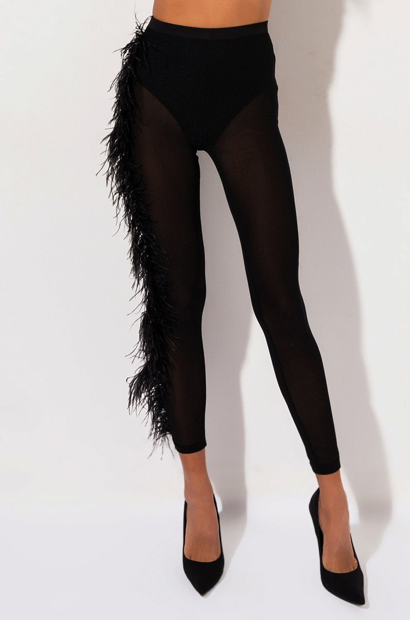 Side View Europe Tour High Waisted Mesh Feather Pants in Black 1