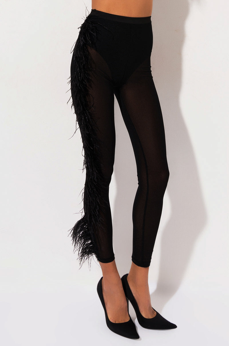 Back View Europe Tour High Waisted Mesh Feather Pants in Black 2