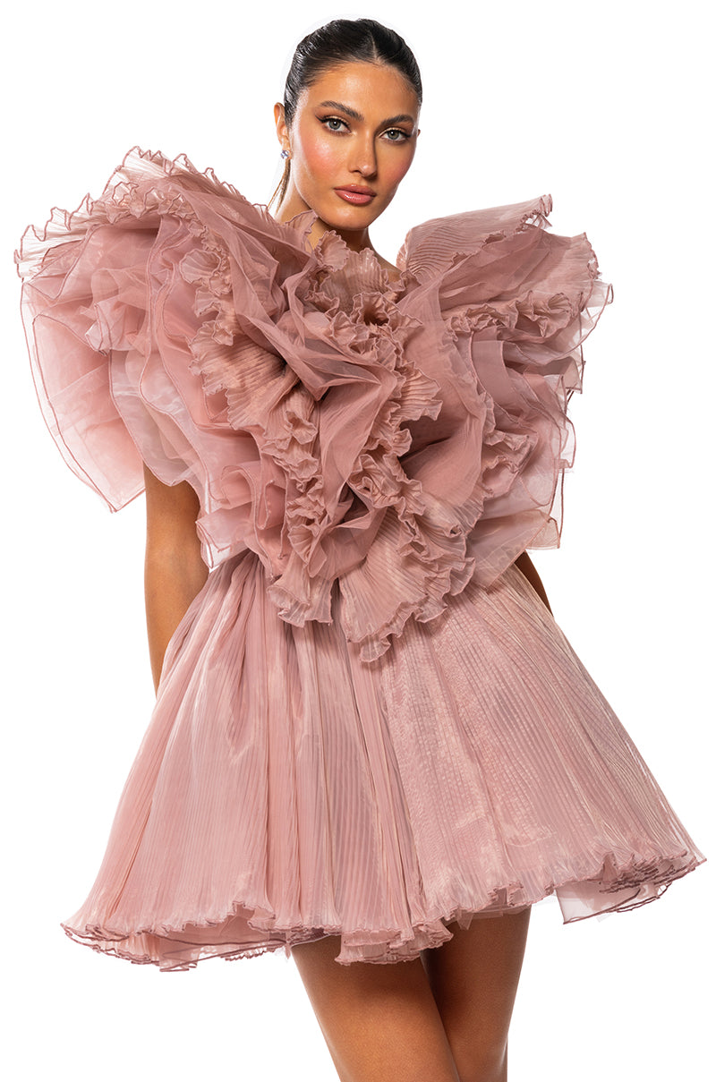 a-line mini dress in mauve EVER AFTER RUFFLE SLEEVE PLEATED A LINE occasion The classic A Square Neck Crepe A-Line Color:DARK MAUVE