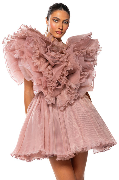 EVER AFTER RUFFLE SLEEVE PLEATED A LINE MINI DRESS – AKIRA