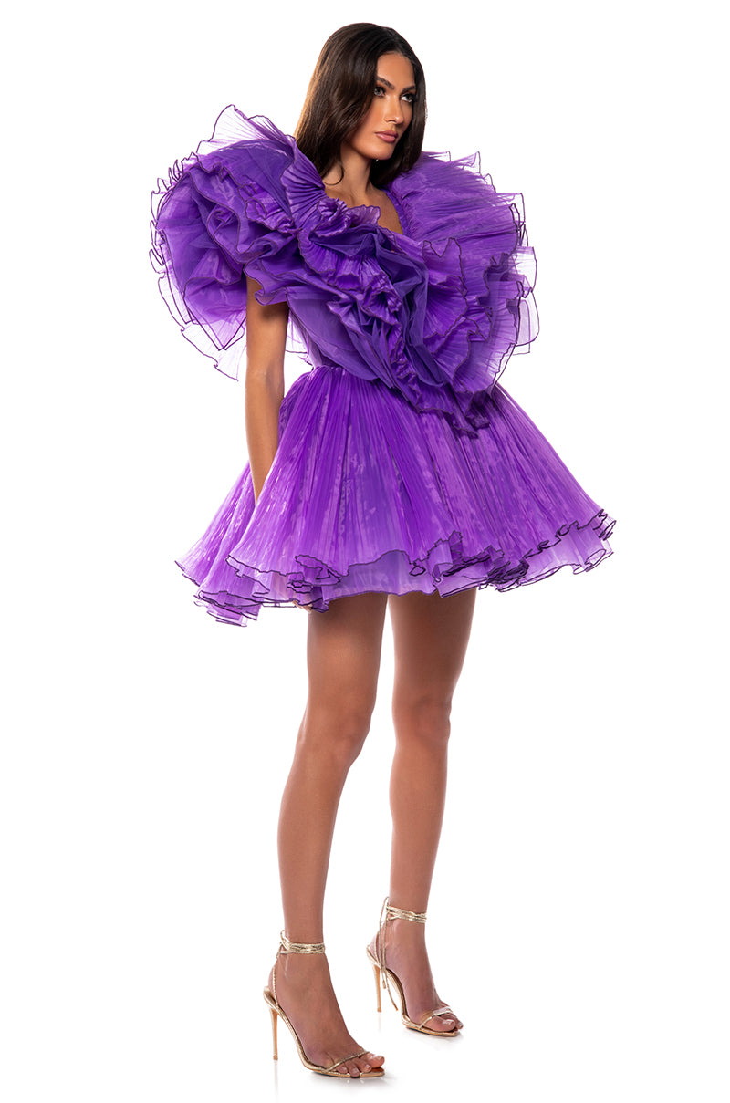 Detail View Ever After Ruffle Sleeve Pleated A Line Mini Dress In Purple 3