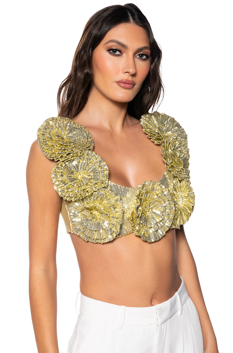 Side View Every Rose Sequin Crop Top In Gold
