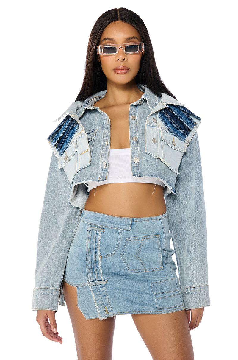 Front View Everyone Loves Pockets Denim Crop Jacket