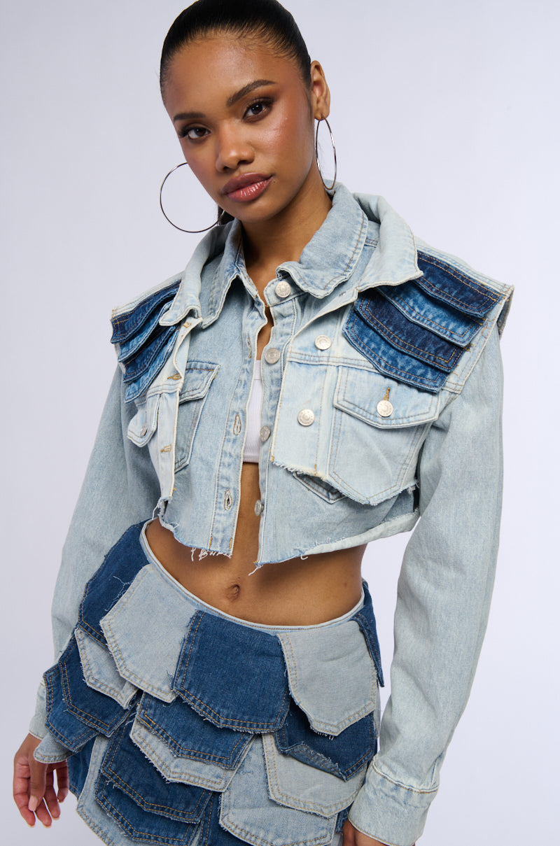 Side View Everyone Loves Pockets Denim Crop Jacket