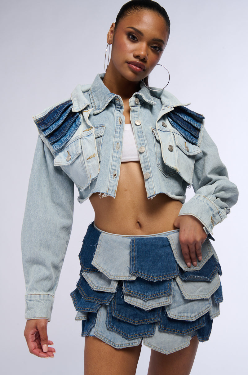 Back View Everyone Loves Pockets Denim Crop Jacket