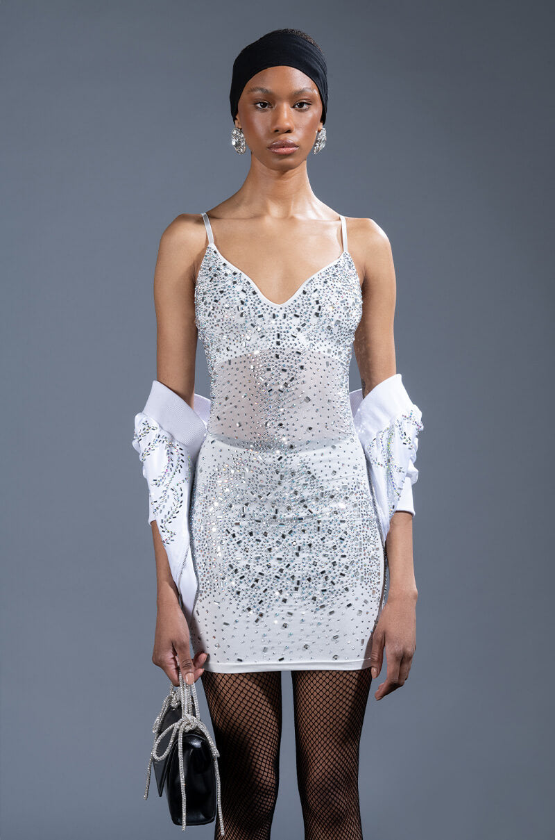 Front View Expensive Lil Ting Rhinestone Mini Dress
