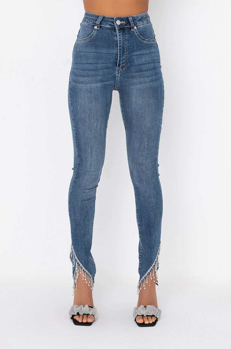 Front View Extreme Stretch High Rise Skinny Jeans Rhinestone