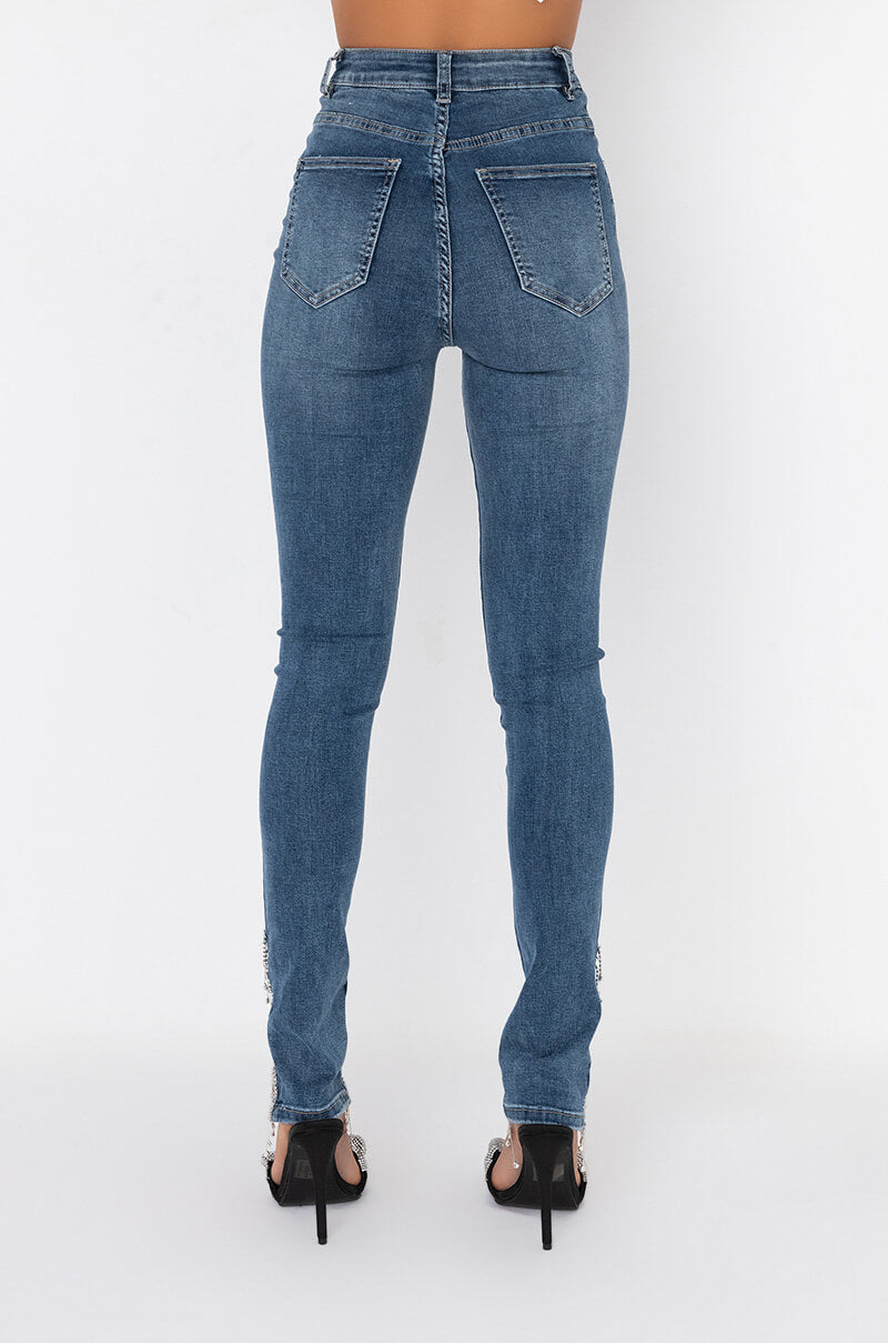 Back View Extreme Stretch High Rise Skinny Jeans Rhinestone