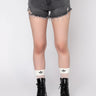 Front View Extreme Stretch High Waisted Jean Shorts in Black Denim