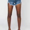 Front View Extreme Stretch High Waisted Jean Shorts in Medium Blue Denim