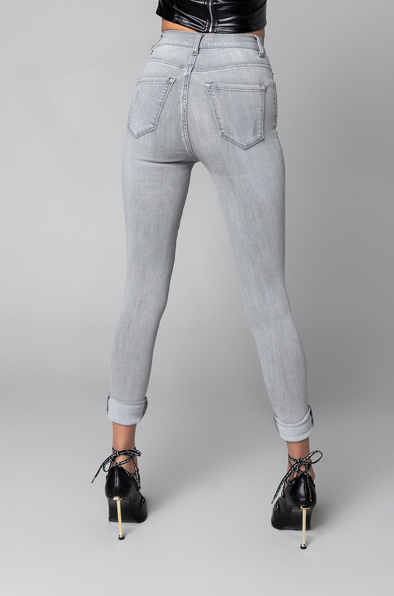Back View Extreme Stretch High Waisted Skinny Jeans in Grey