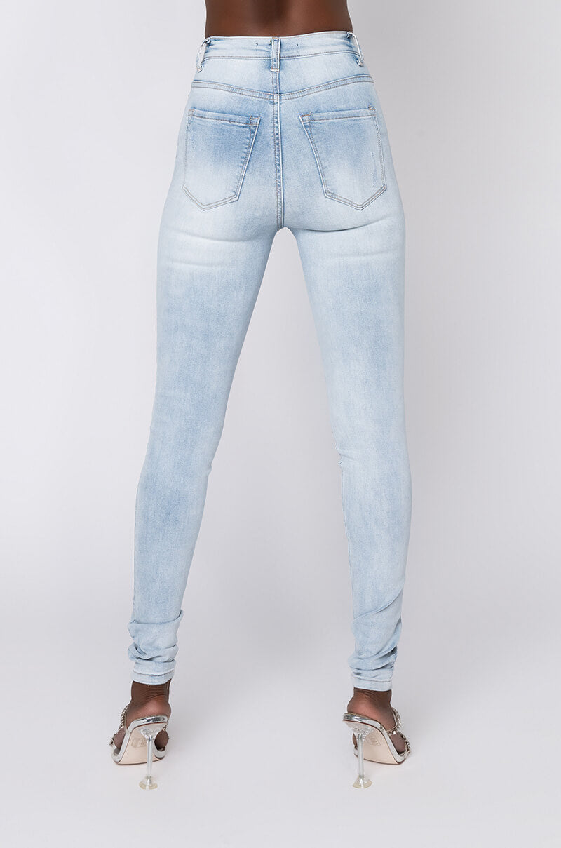 Back View Extreme Stretch High Waisted Skinny Jeans in Light Blue