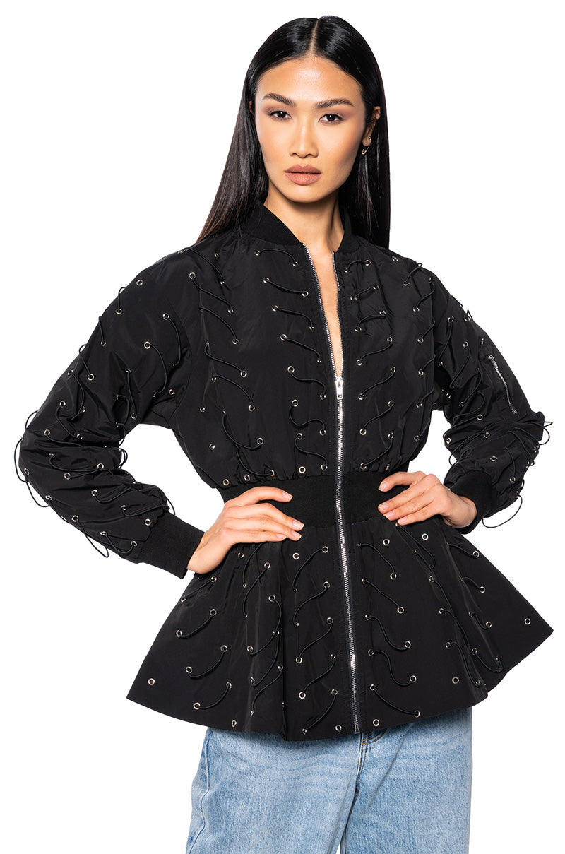 Front View Eye Knew It Cinched Bomber Jacket