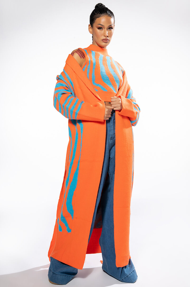 Front View Eye Of The Tiger Long Tie Cardigan
