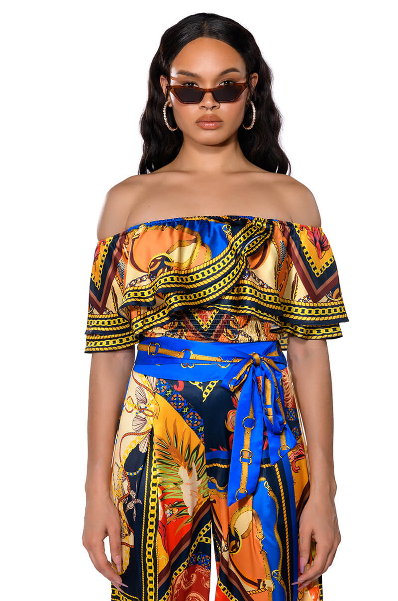 Front View Ezra Printed Off The Shoulder Blouse