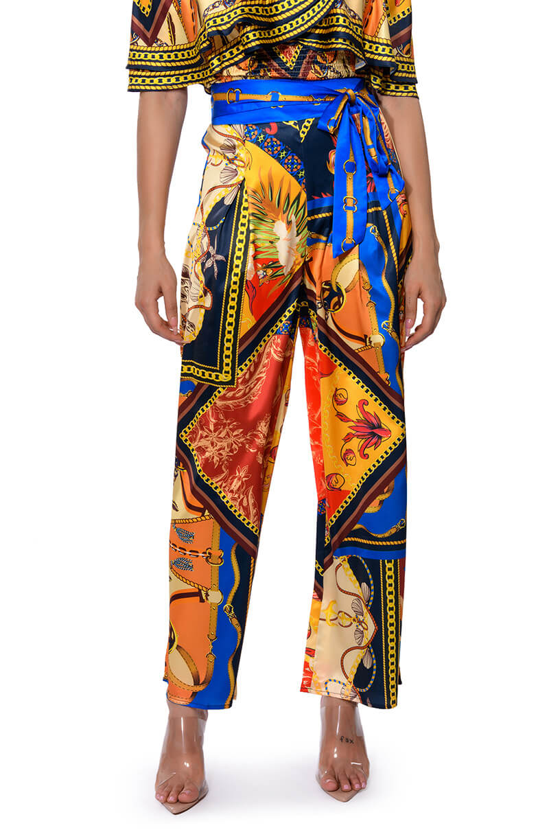 Front View Ezra Printed Tie Front Palazzo Pant