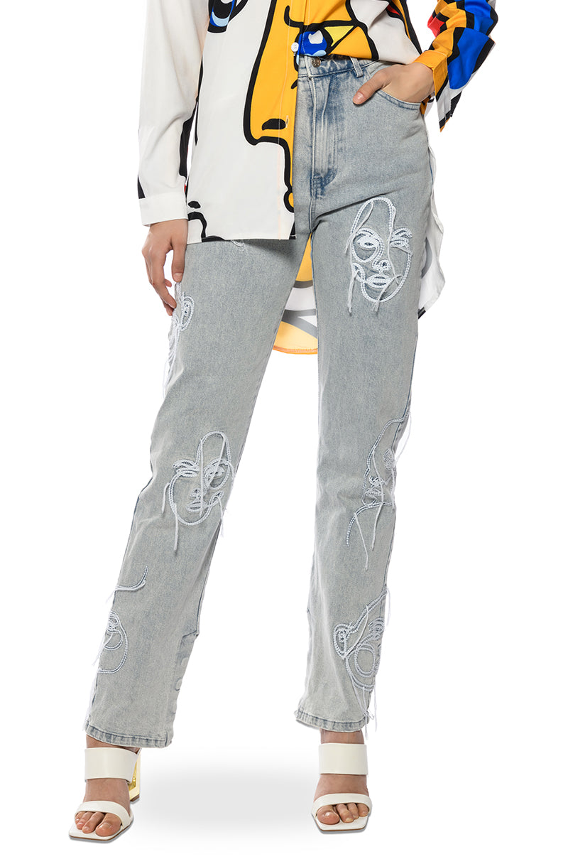 Front View Face Art Straight Leg Jeans