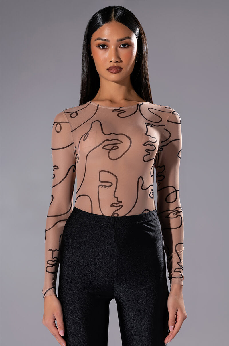 Front View Face To Face Long Sleeve Mesh Bodysuit