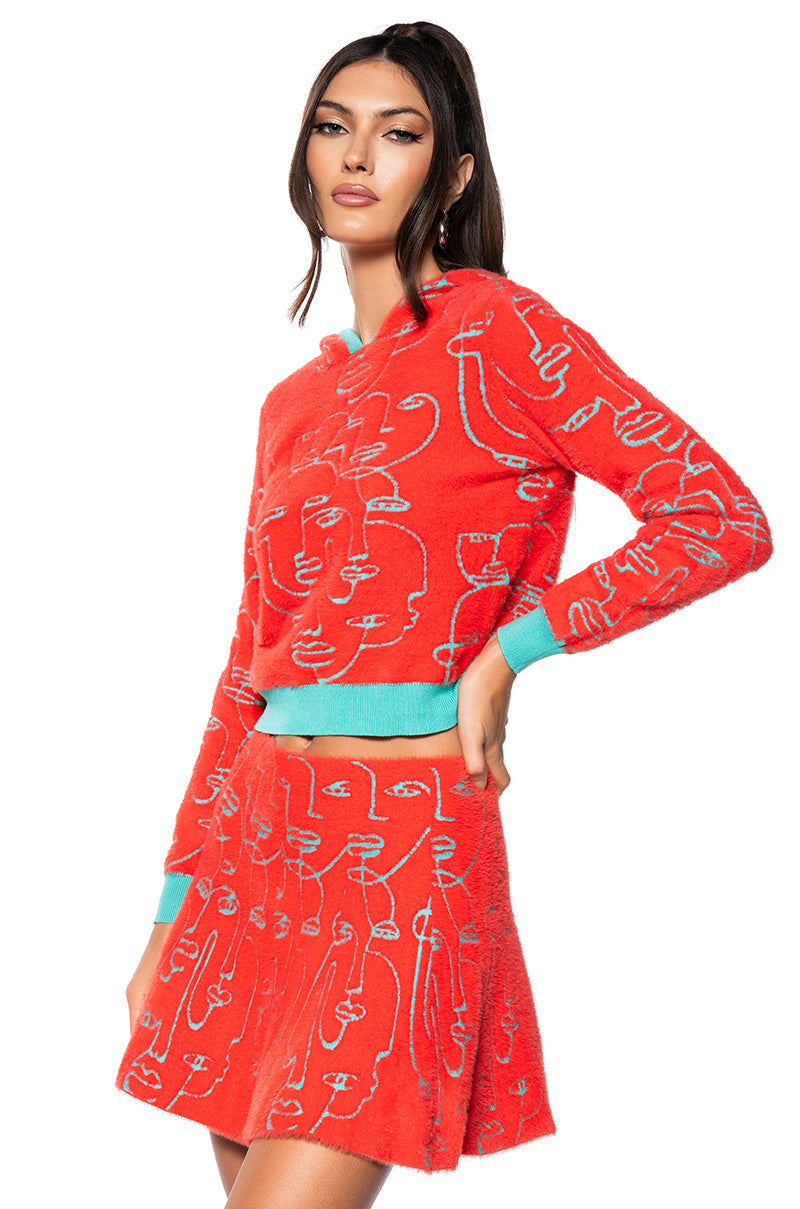 Side View Faces And Places Reversible Knit Hoodie