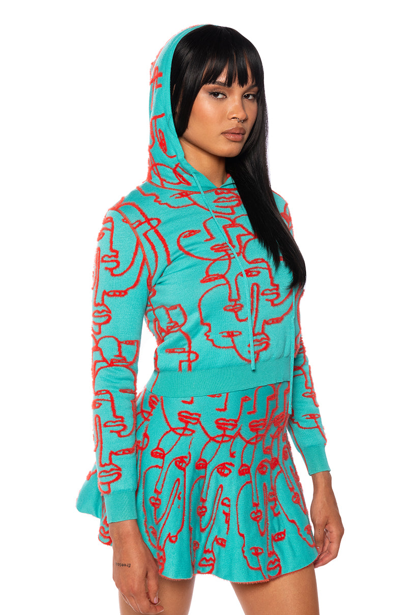 Back View Faces And Places Reversible Knit Hoodie