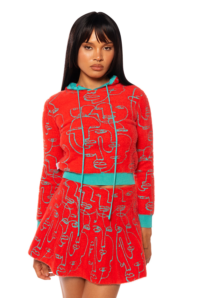 Detail View Faces And Places Reversible Knit Hoodie