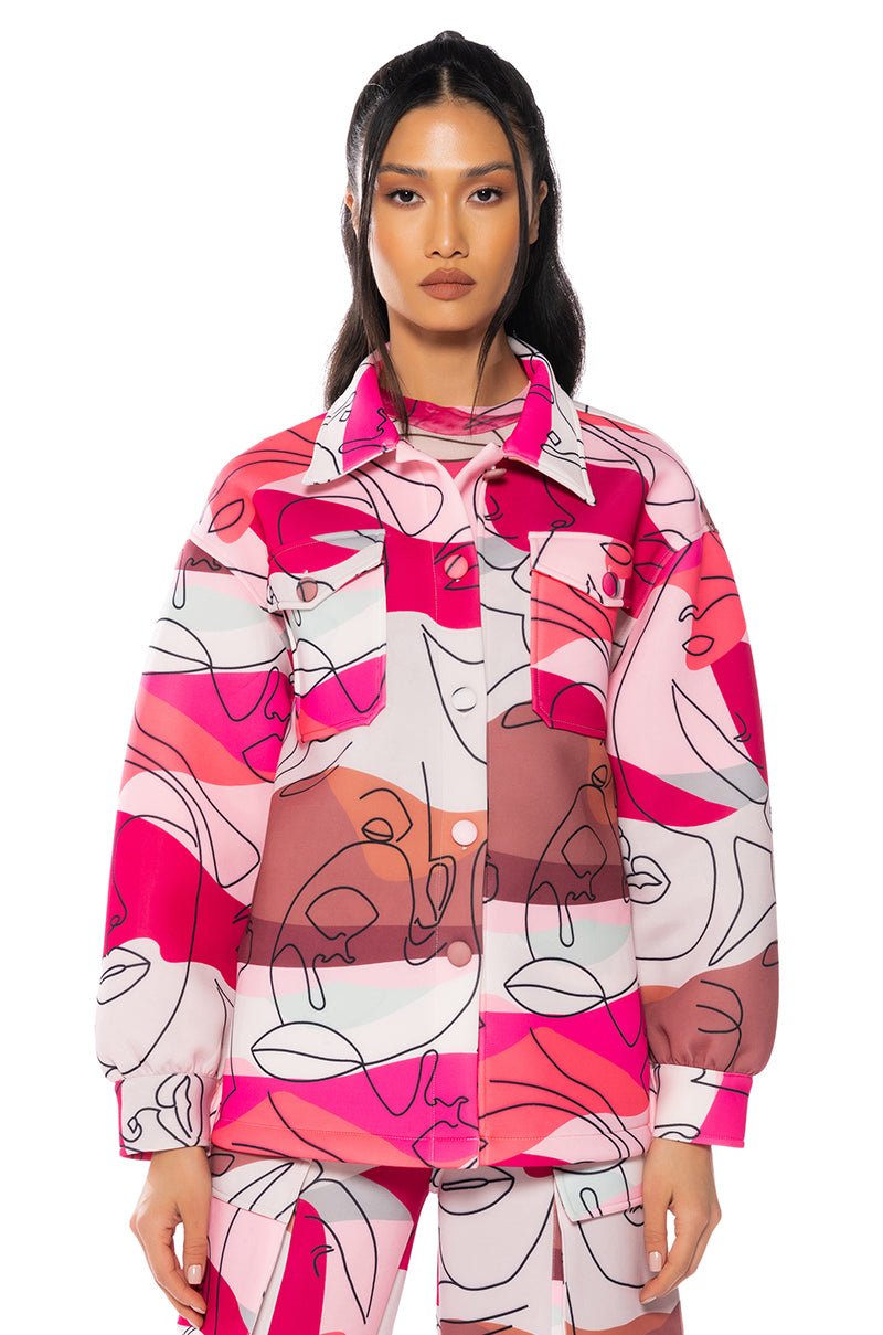 Front View Faces Printed Scuba Button Down Top