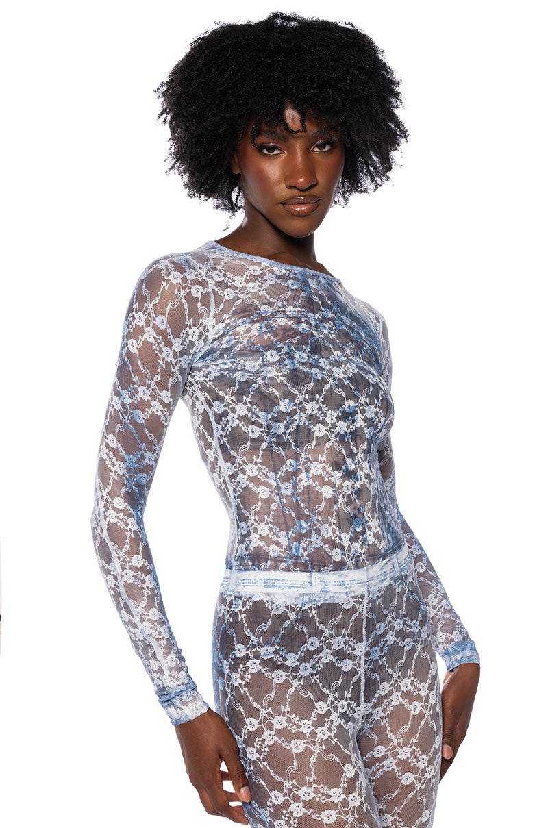 Side View Faded Denim Lace Set