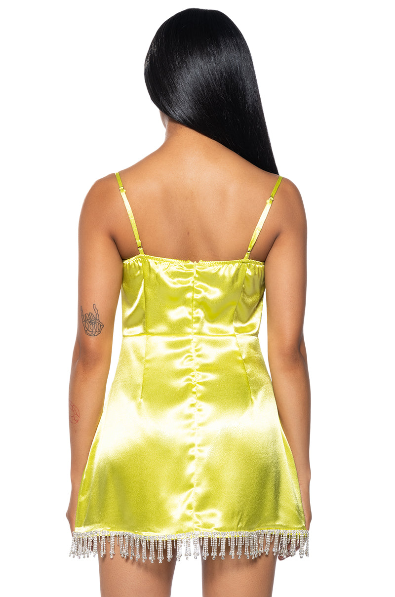 Full View Fairy Dust Rhinestone Fringe Satin Mini Dress