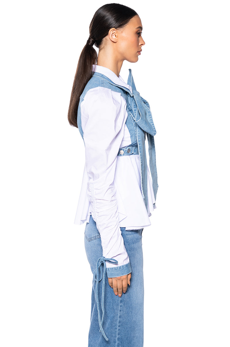 Back View Faith Denim Tie Poplin Blouse