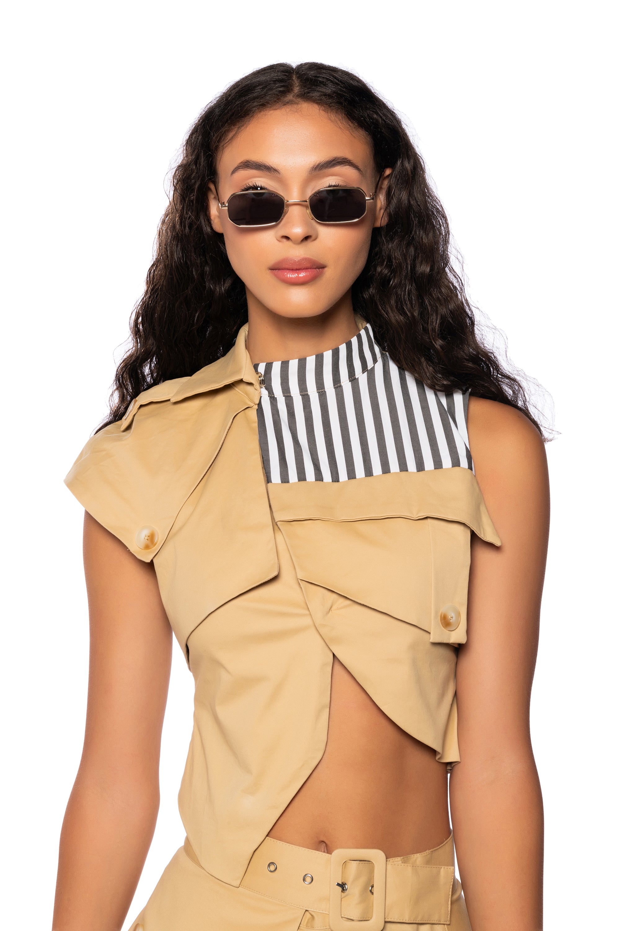 Front View Fall Forward Crop Sleeveless Trench Vest 0