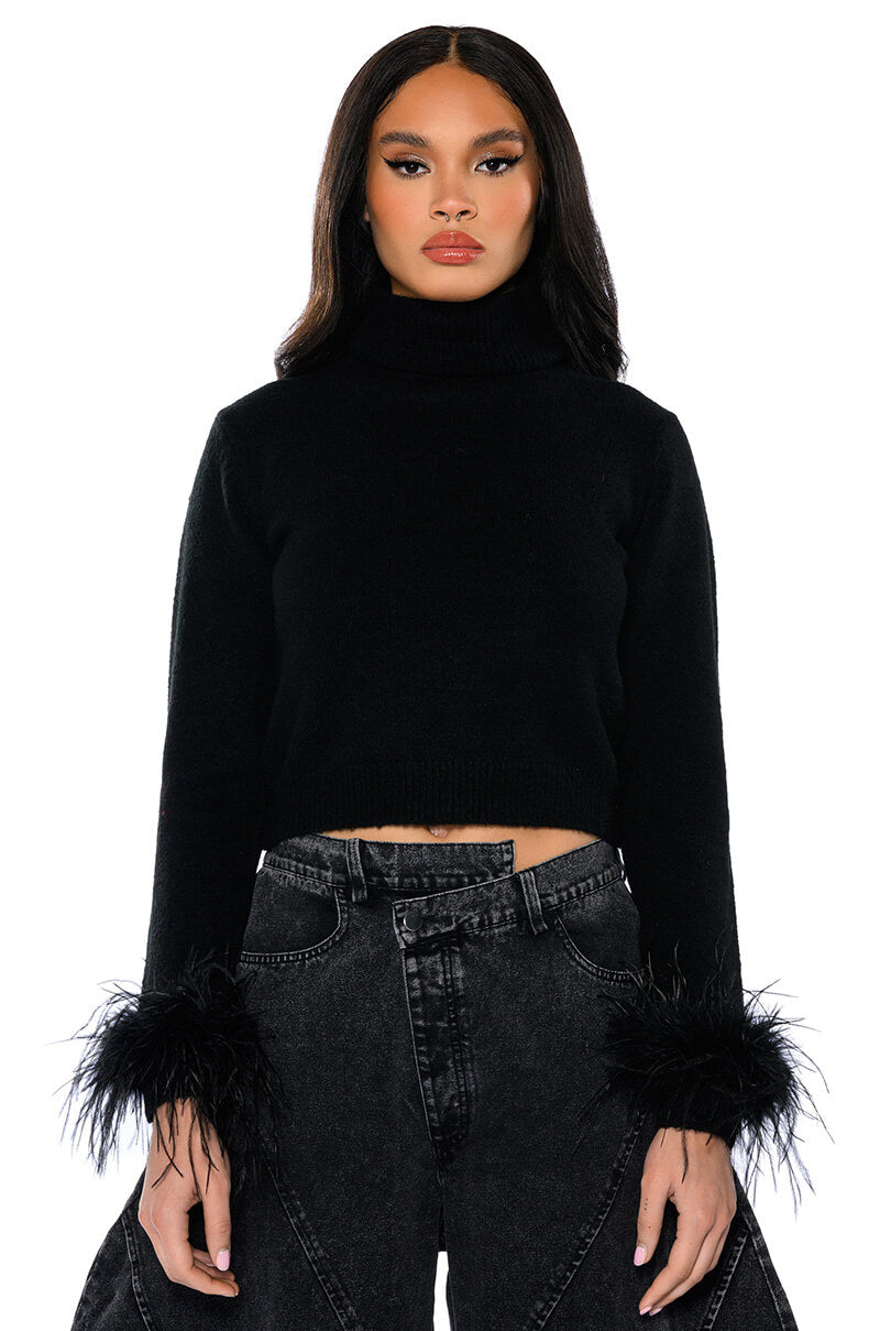Front View Fancy Huh Feather Cuff Mock Neck Sweater 0