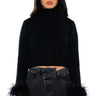 Front View Fancy Huh Feather Cuff Mock Neck Sweater