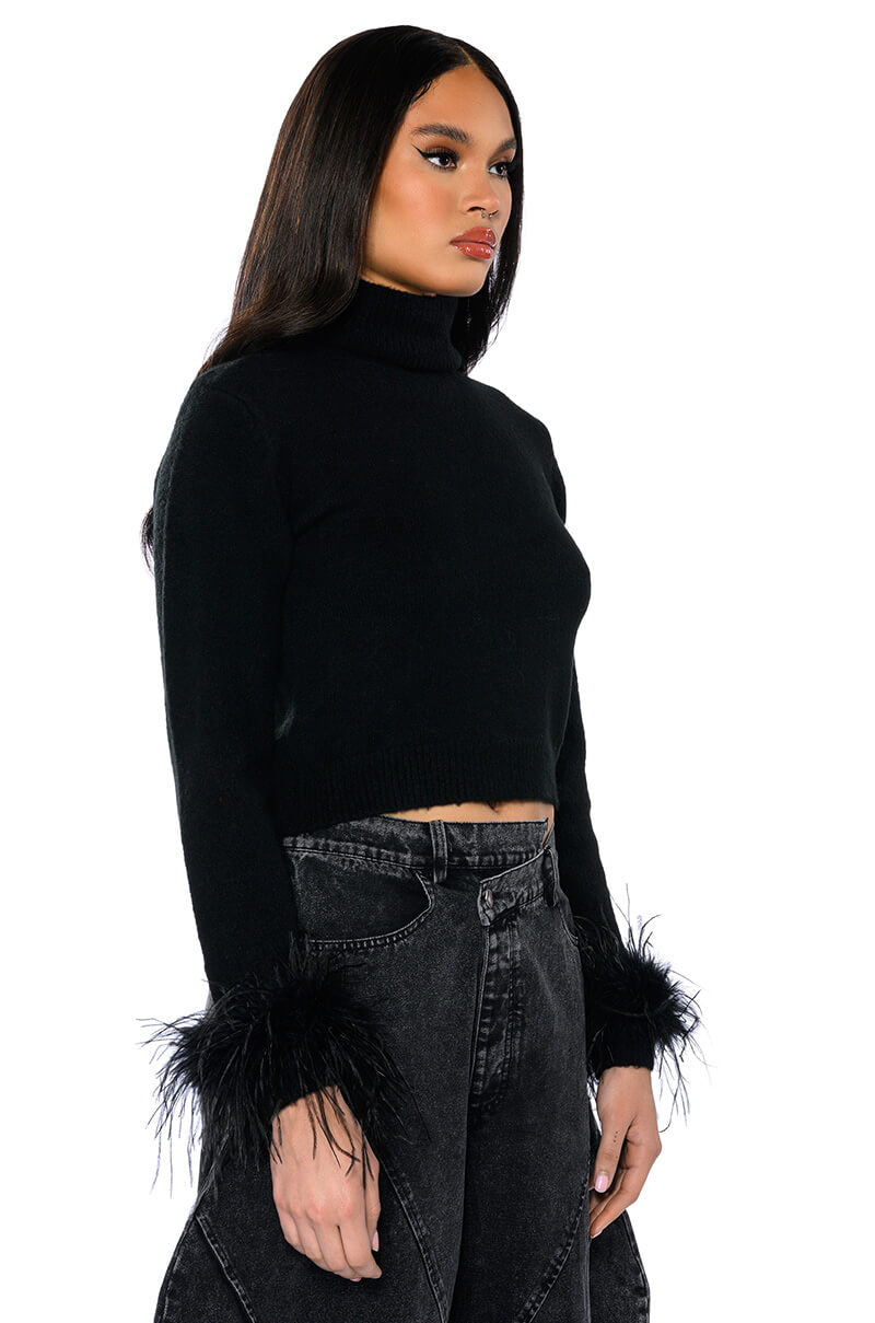 Side View Fancy Huh Feather Cuff Mock Neck Sweater 1