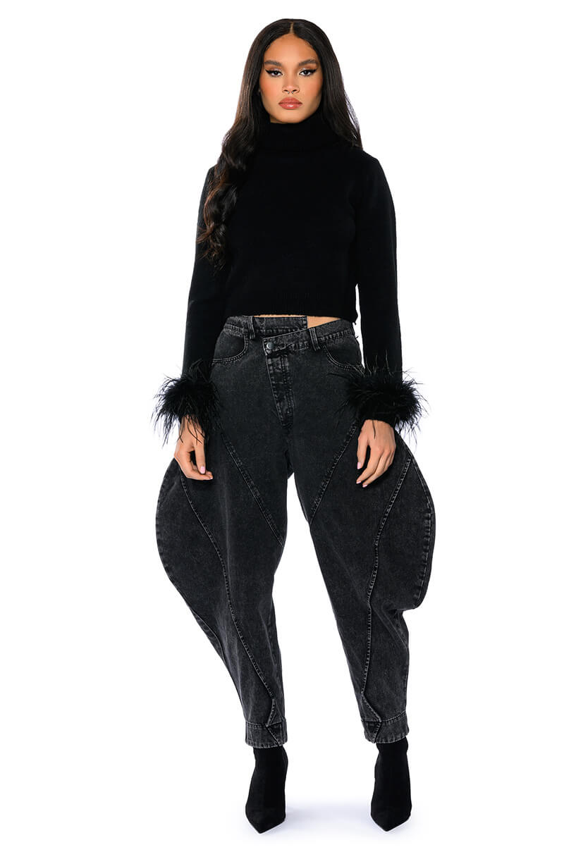 Back View Fancy Huh Feather Cuff Mock Neck Sweater 2