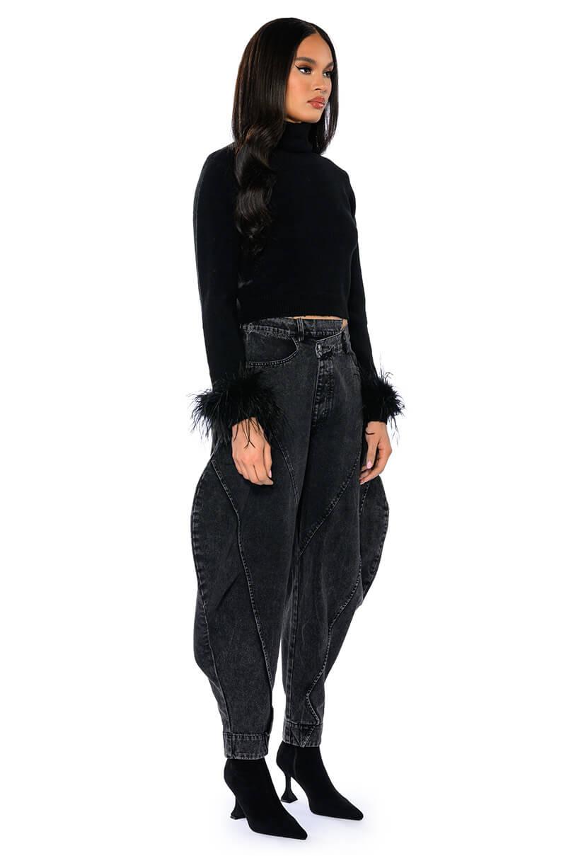 Detail View Fancy Huh Feather Cuff Mock Neck Sweater 3