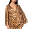 Front View Fantasy Draped Metallic Mini Dress In Gold