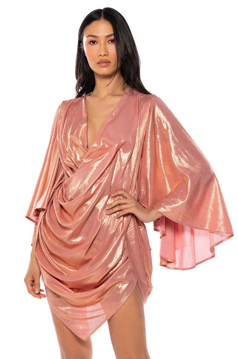 FANTASY DRAPED METALLIC MINI DRESS IN PINK view 0