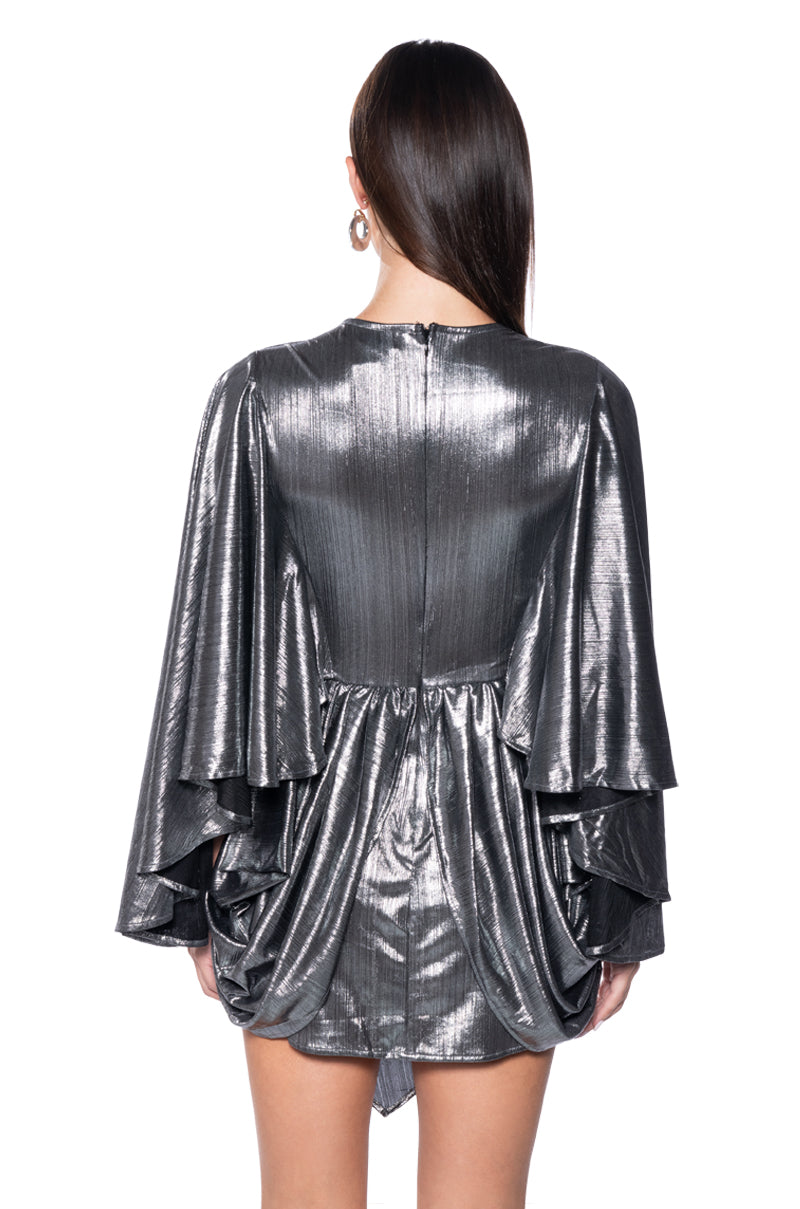 FANTASY DRAPED METALLIC MINI DRESS IN SILVER AKIRA FANTASY DRAPED METALLIC MINI DRESS IN SILVER AKIRA
