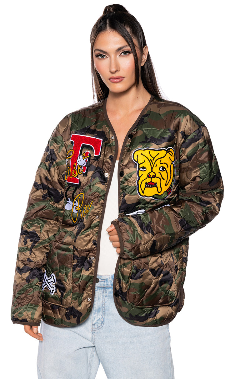 Front View Fashion Week Nylon Camo Patch Bomber