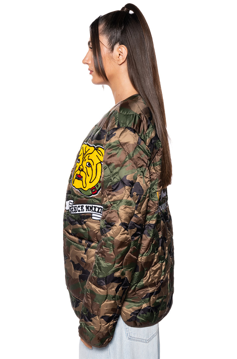Detail View Fashion Week Nylon Camo Patch Bomber