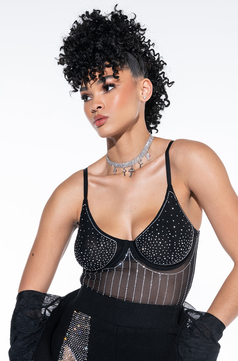 FASHIONABLY LATE RHINESTONE MESH BODYSUIT view 0